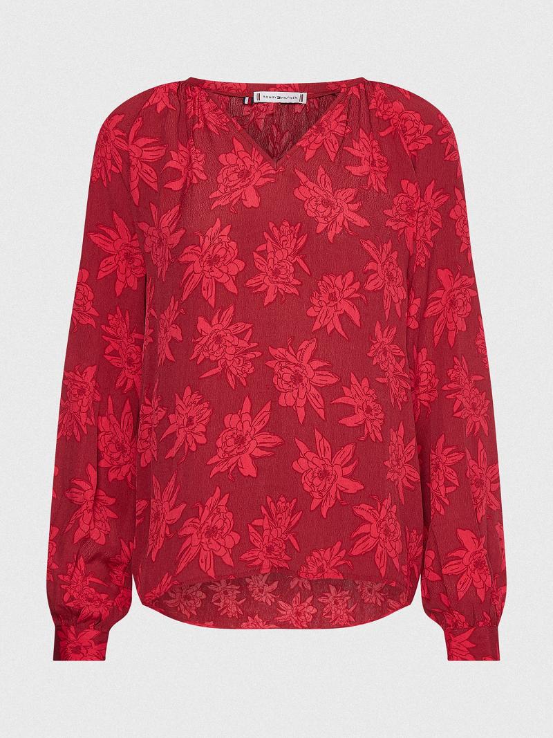 Női Tommy Hilfiger Floral Crepe Popover Blouses Piros | HU 13MQZ